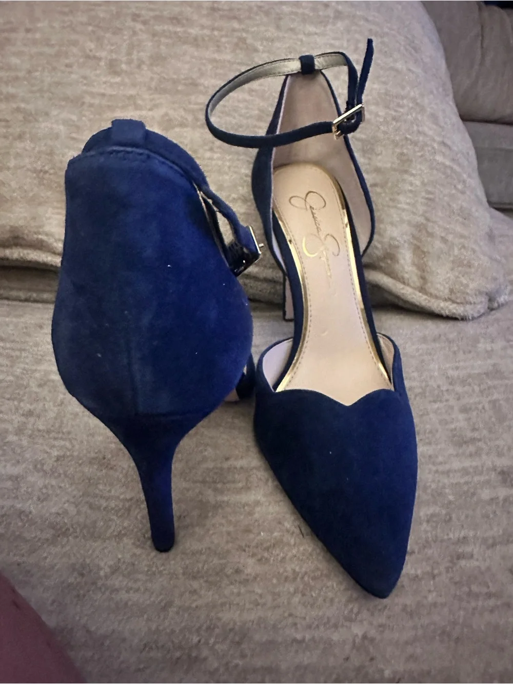 Jessica Simpson Navy Pointed-Toe Ankle-Strap Pumps with Gold Buckle